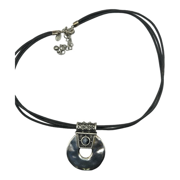 Chico’s Silver Pendant With Blue Tiger Eye Stone and Leather Necklace 11.5” Long - Picture 10 of 10